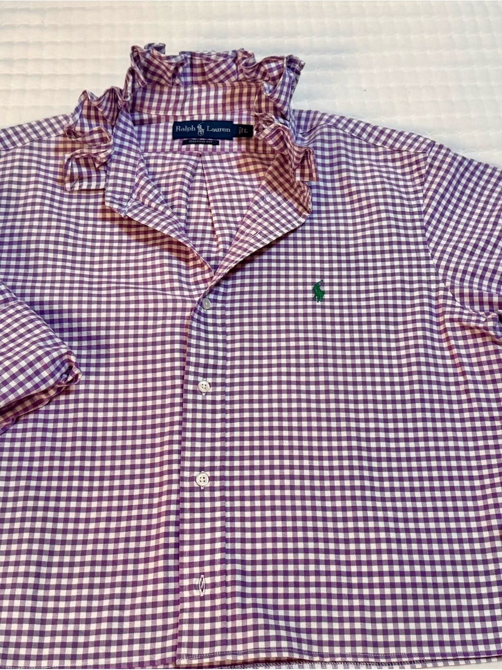 Upcycled Men’s Ralph Lauren Lavender and White Gingham Ruffle Collar Shirt - Picture 4 of 8